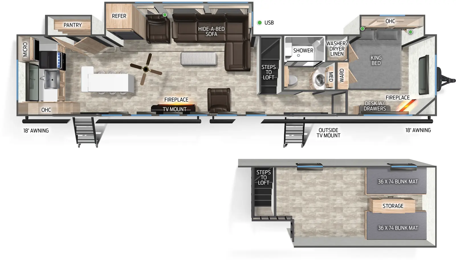 The Timberwolf 39AL floorplan has two entries and three slide outs. Exterior features include: metal exterior and 18' & 18' awning. Interiors features include: loft, rear kitchen, kitchen island and front bedroom.